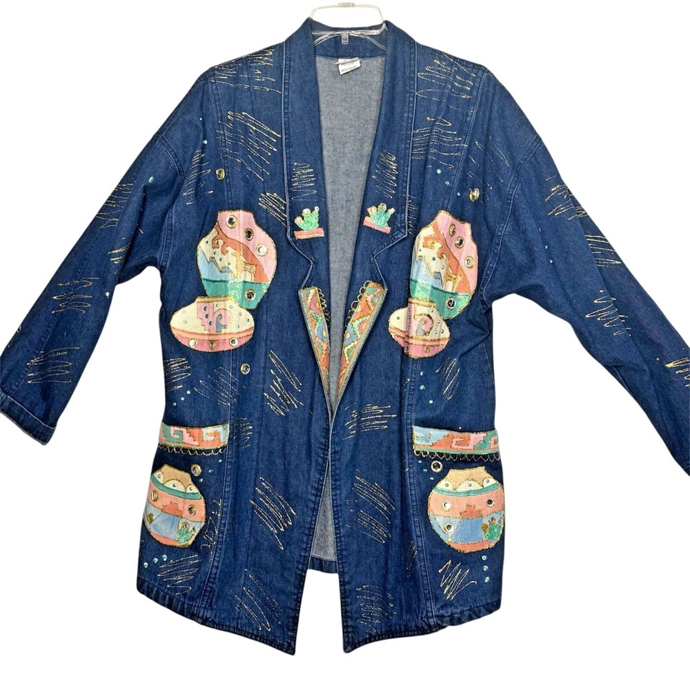Vintage 90's SouthWest Aztec Embroidered Jeans Jacket Retro Style Western Cowboy